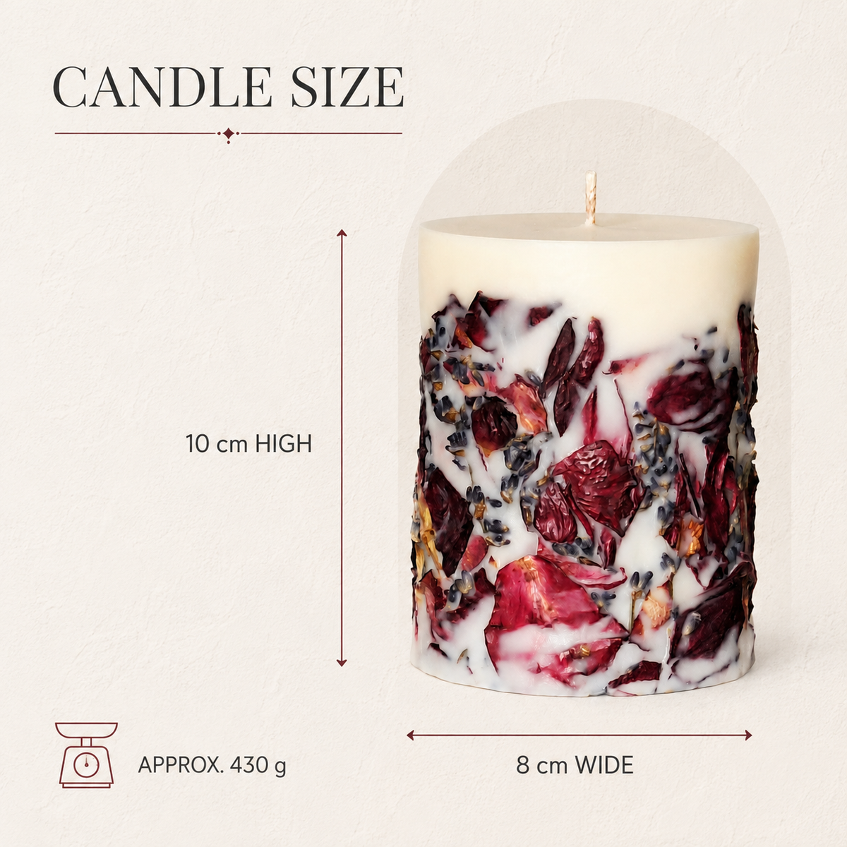 Candle size card showing a botanical pillar candle measuring 10 cm high and 8 cm wide, with an approximate weight of 430 g.