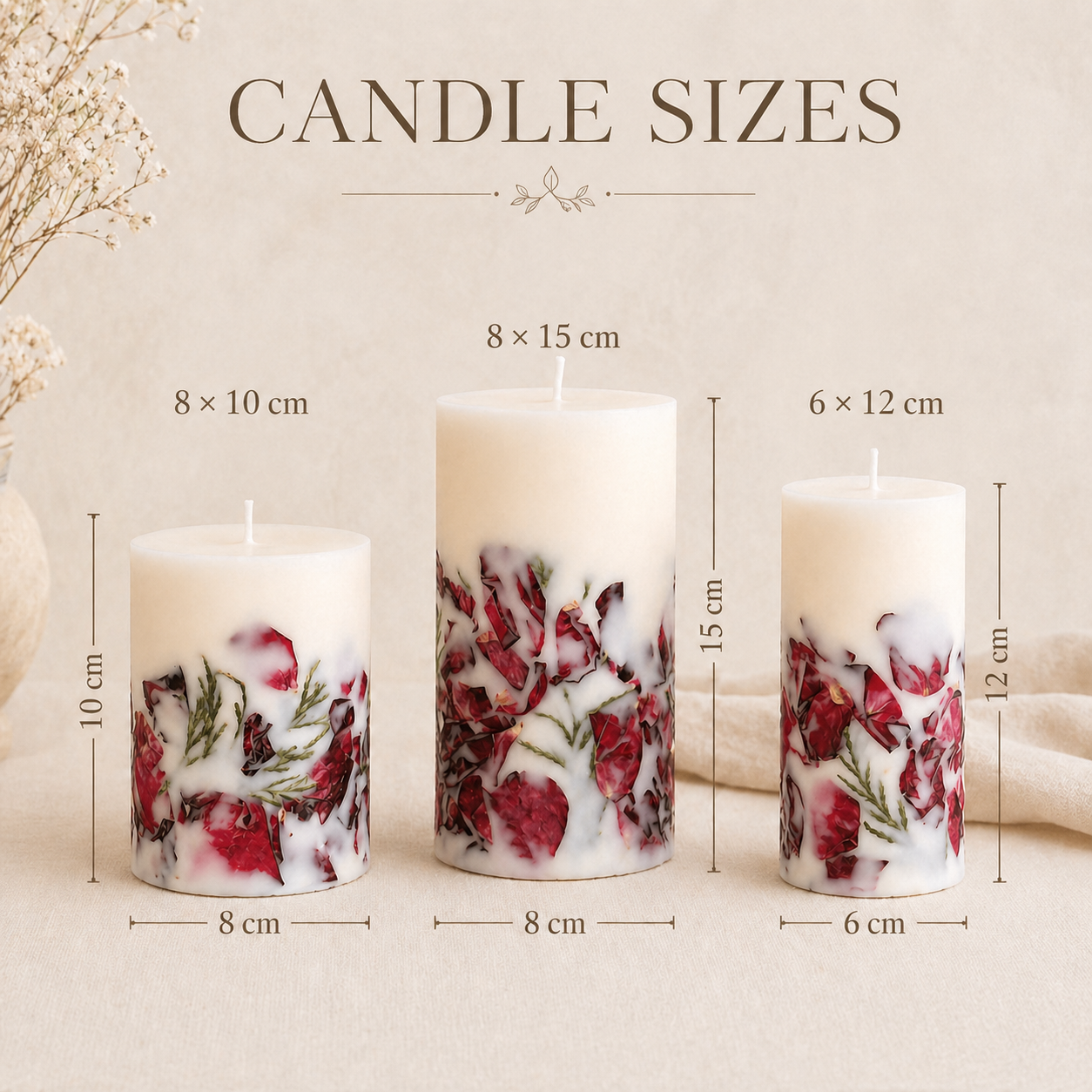 Botanical pillar candle size card showing 8 by 10 cm, 8 by 15 cm and 6 by 12 cm candles