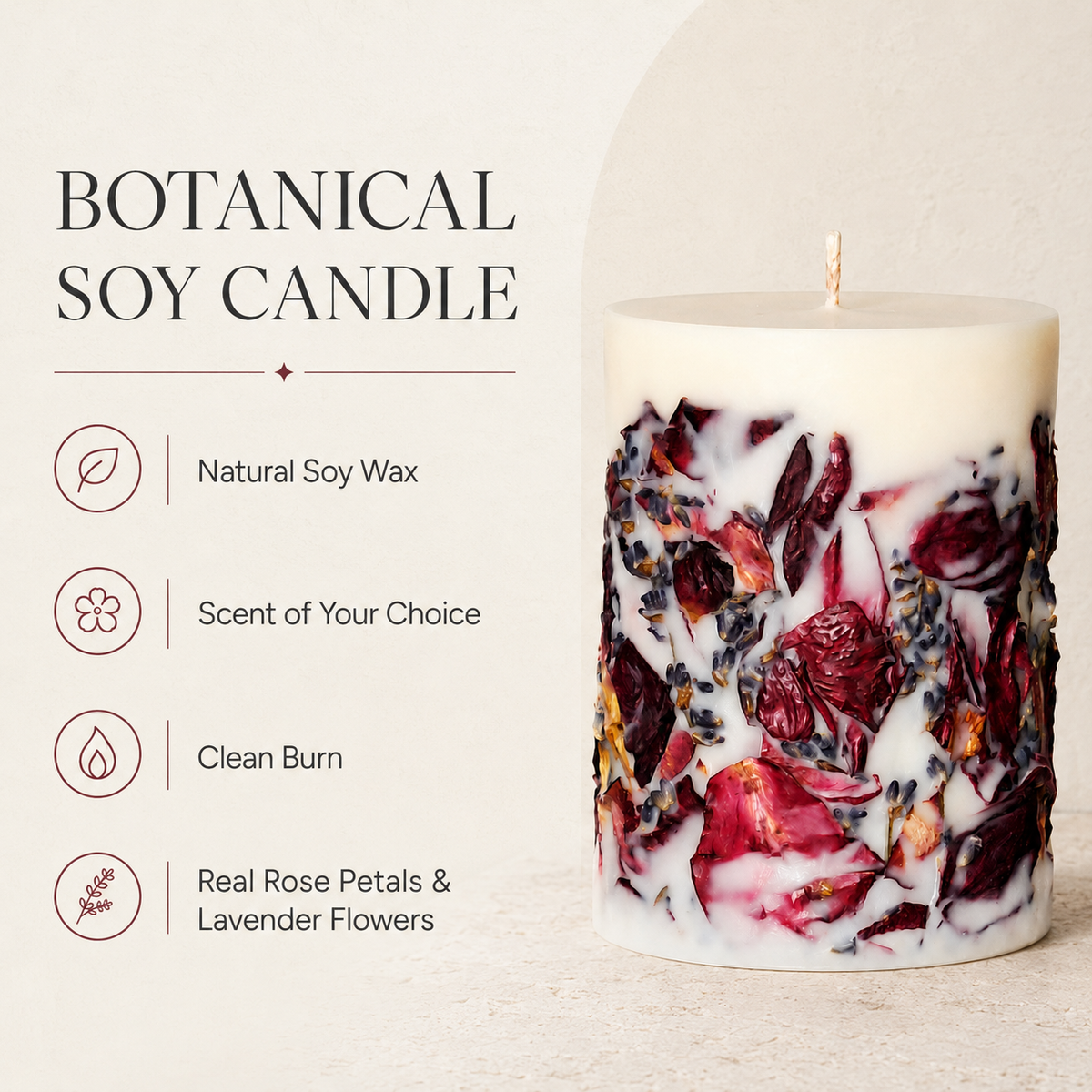 Product information card showing a botanical soy candle with the text: Natural Soy Wax, Scent of Your Choice, Clean Burn, and Real Rose Petals & Lavender Flowers.