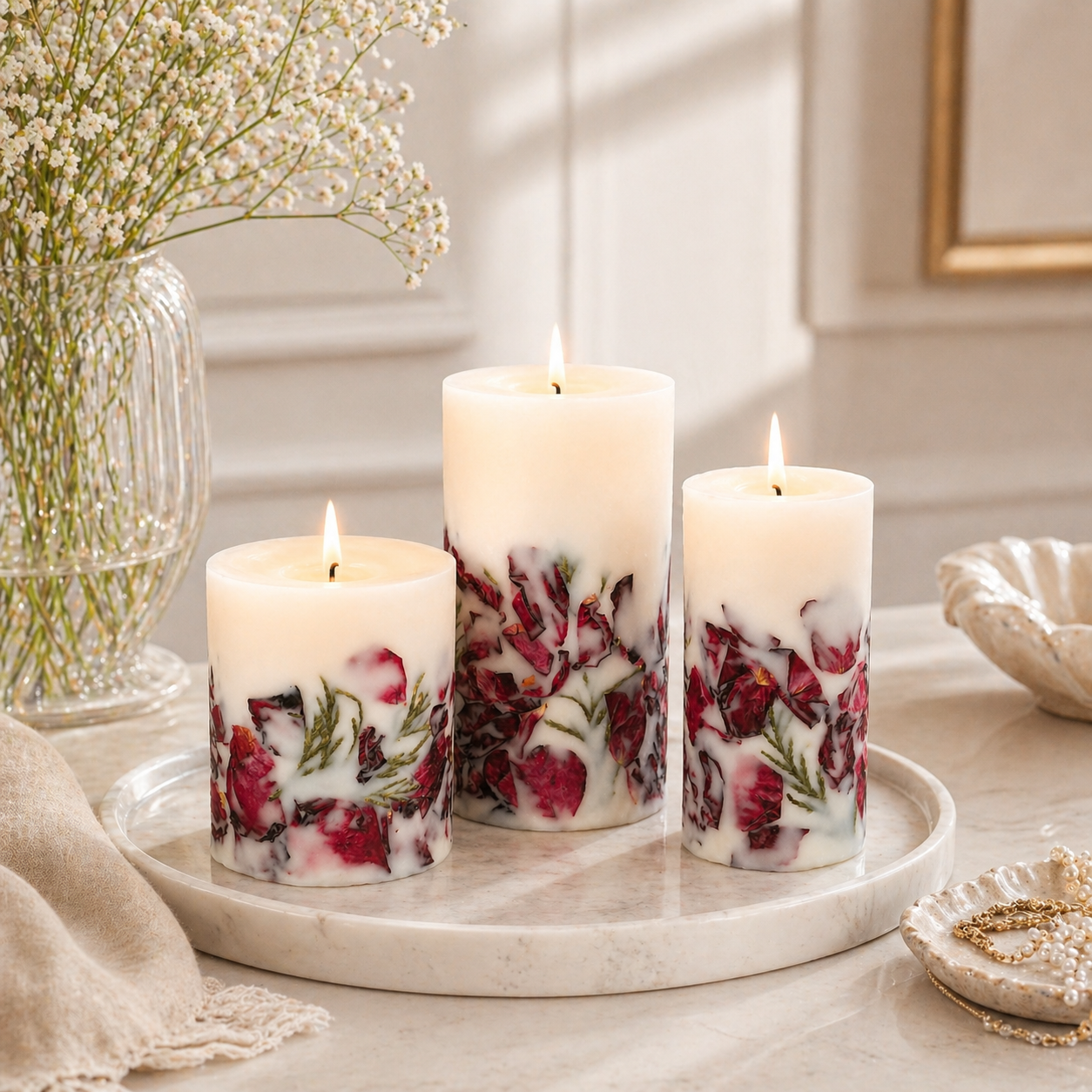 Three botanical soy wax pillar candles burning on a marble tray in an elegant home interior