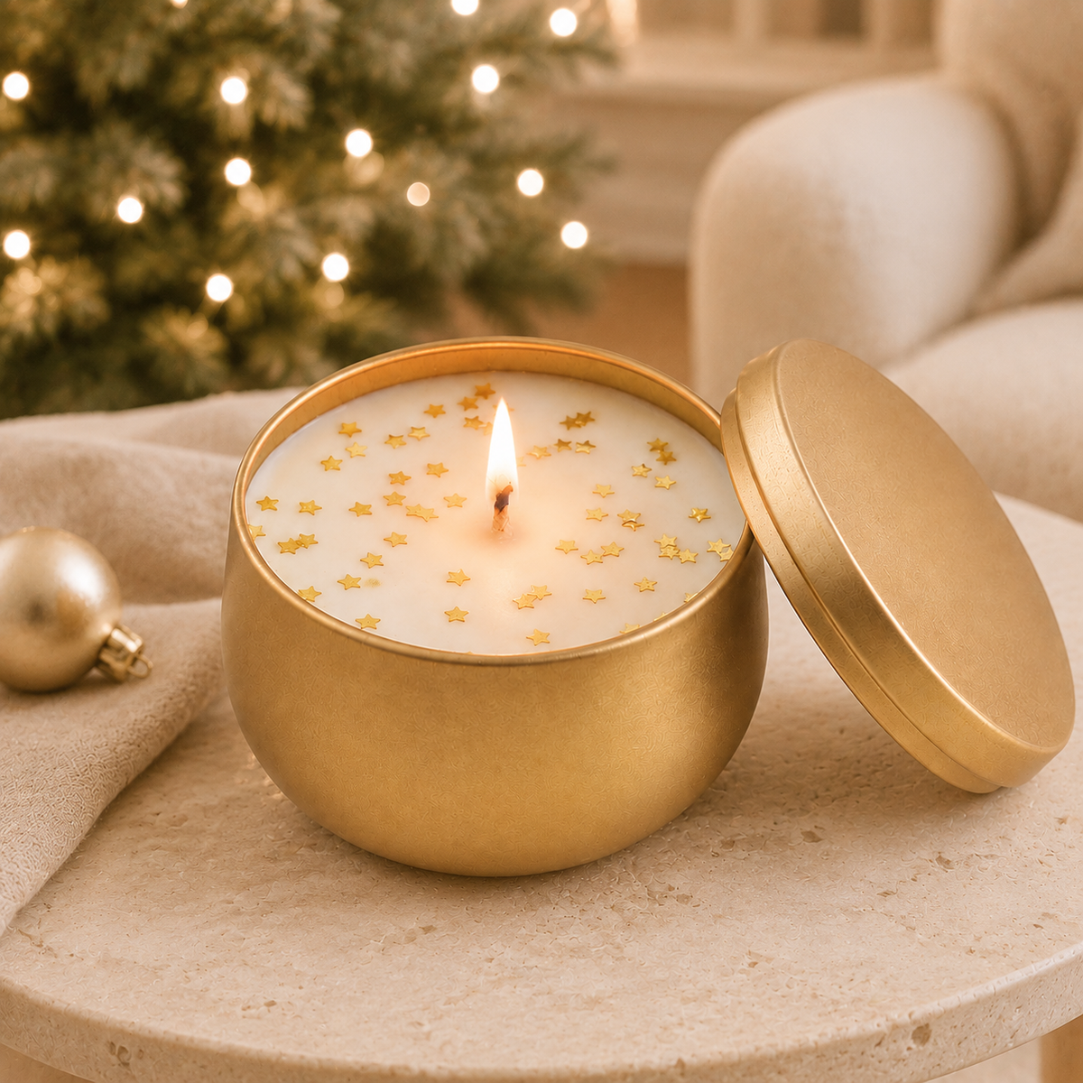 Burning gold Christmas soy candle with stars in a cosy festive home interior