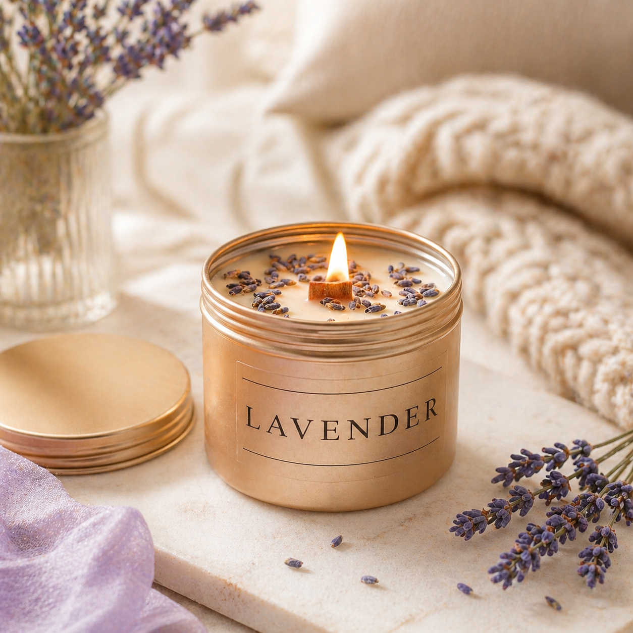 Burning lavender soy wax candle with wooden wick and dried lavender decoration in a cosy home setting