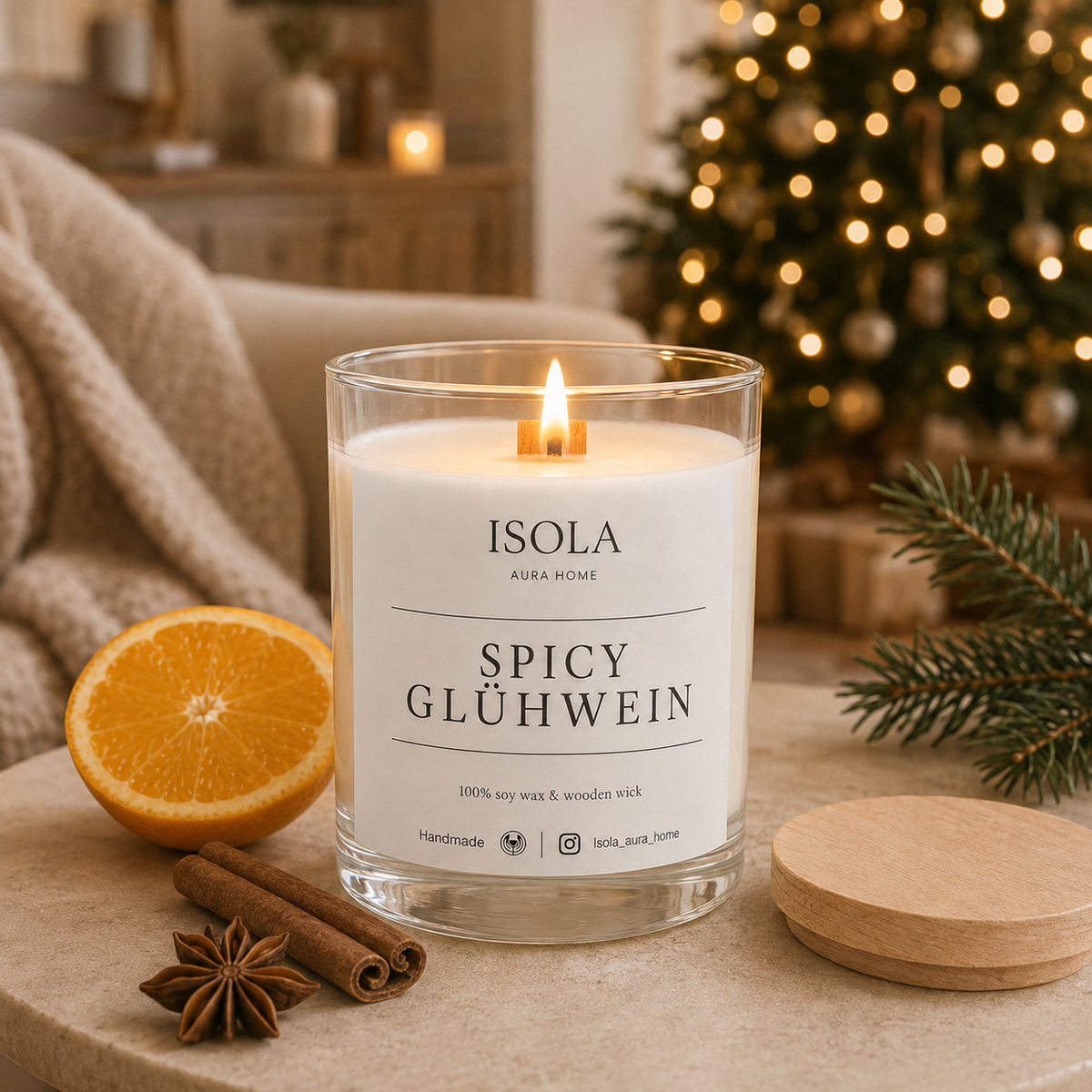 Burning mulled wine scented candle with orange, cinnamon and star anise in a cosy interior beside a Christmas tree