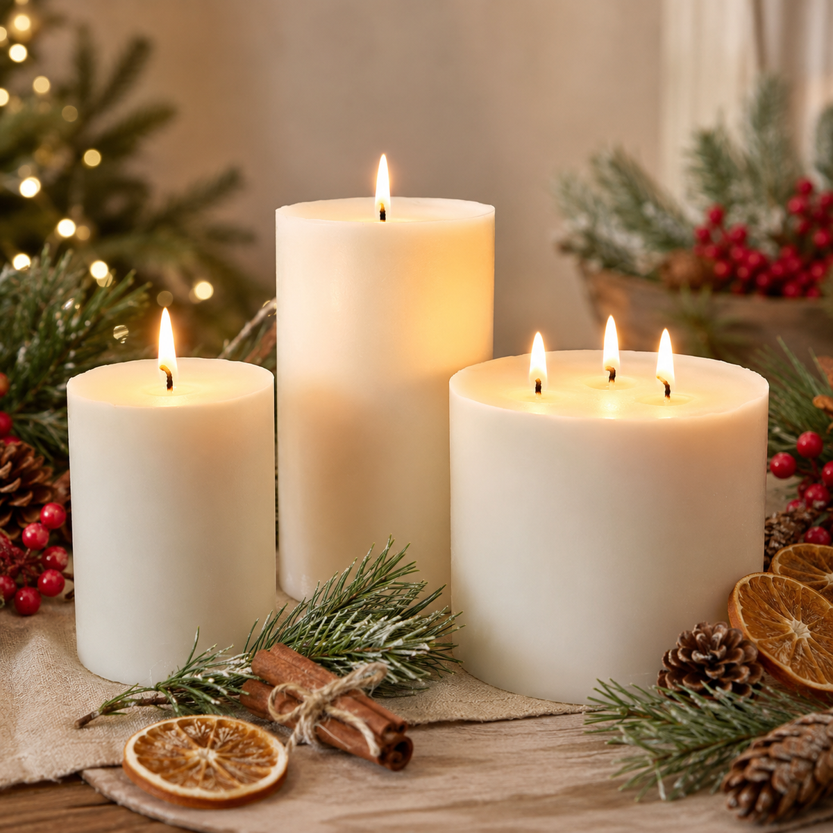 Three burning scented soy pillar candles in different sizes with festive decorations
