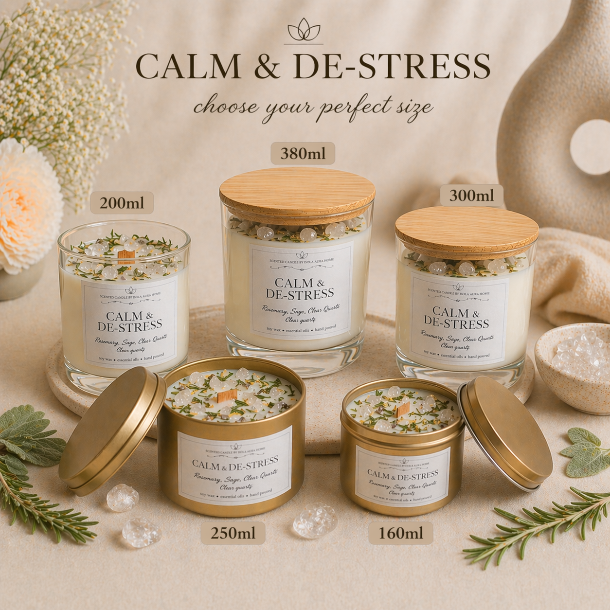 Calm and De-Stress crystal candle size options in glass jars and gold tins