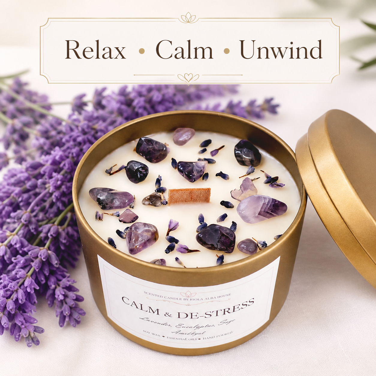Lavender and amethyst Calm and De-Stress candle created for relaxing self-care rituals