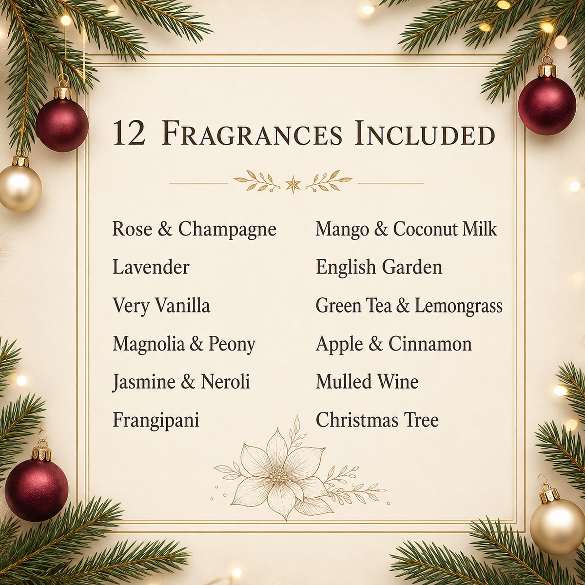 Twelve floral, fruity, fresh and festive scents included in the candle advent calendar