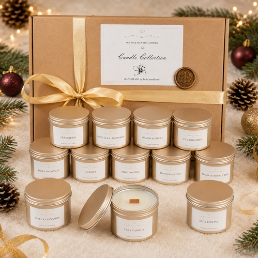 Candle advent calendar with 12 scented soy candles in champagne-gold tins