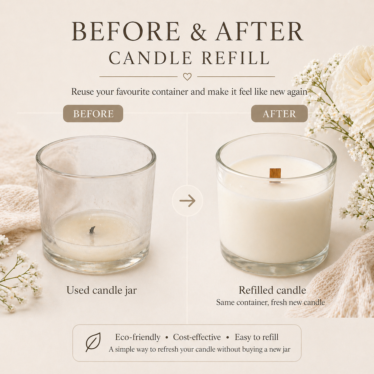 Before and after candle refill showing an empty candle jar transformed into a fresh wooden wick soy candle