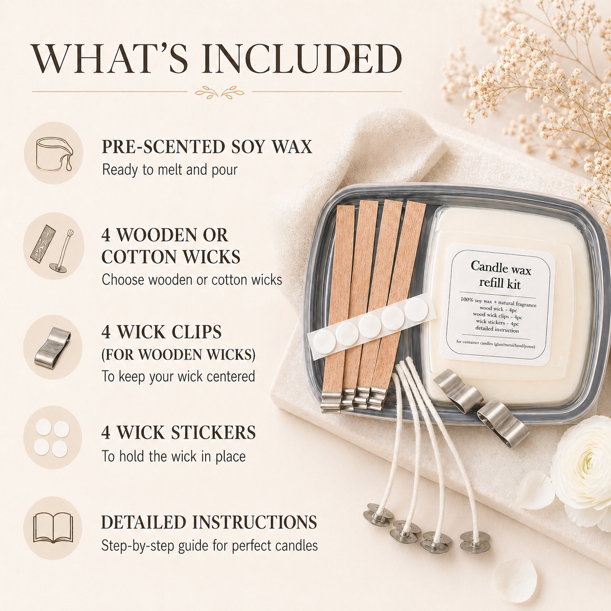 Contents of the candle refill kit including pre-scented soy wax, wick stickers and a choice of wooden or cotton wicks