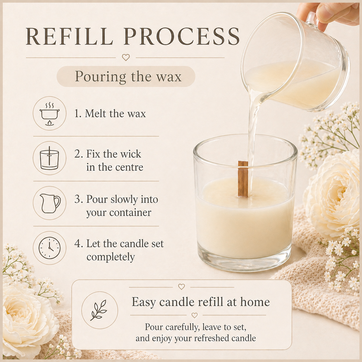 Pouring melted pre-scented soy wax into a clean glass candle container with a wooden wick