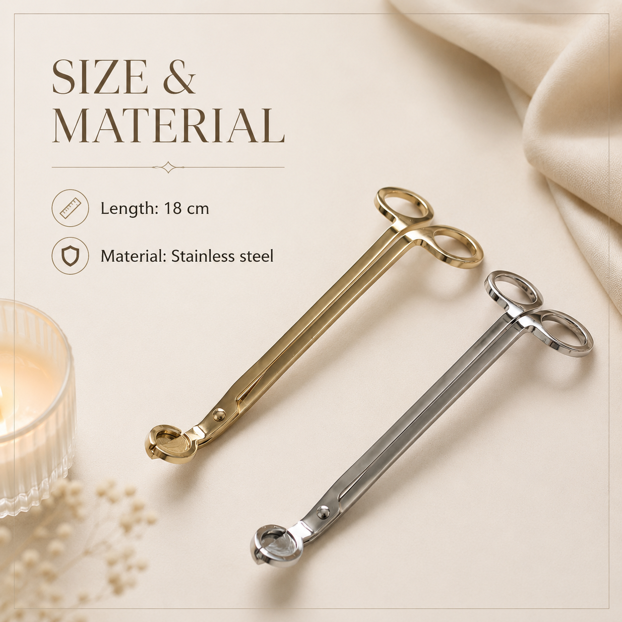 Candle wick trimmer size card showing 18 cm length and stainless steel material in gold and silver