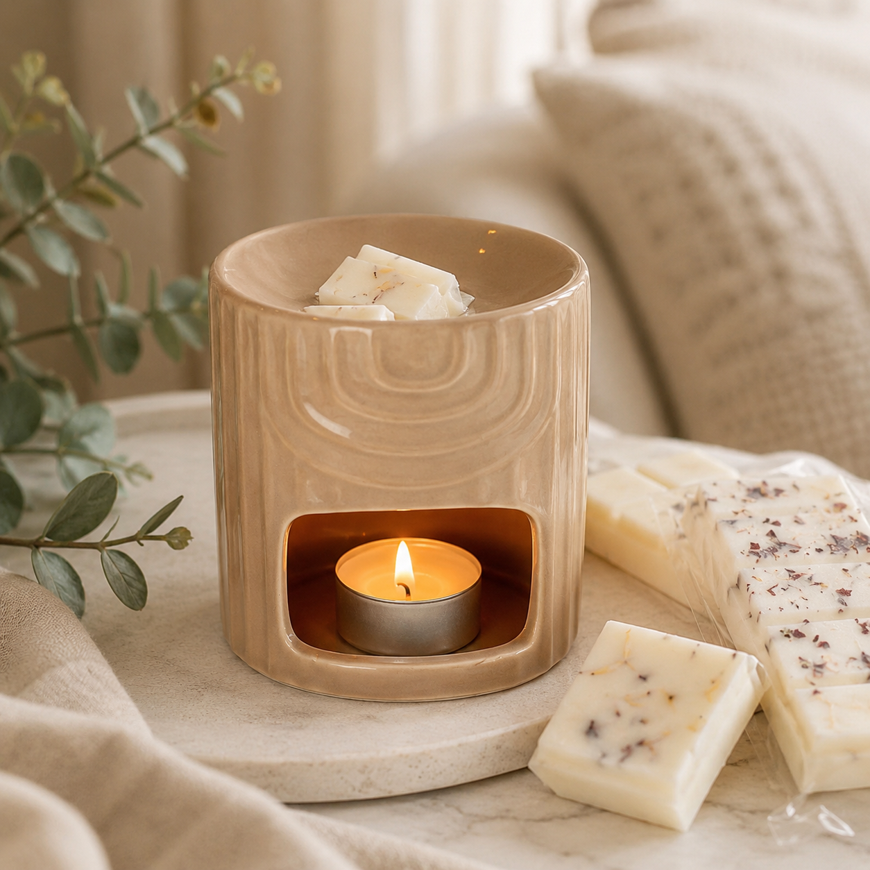 Ceramic wax melt burner gift box styled in a cosy home interior by Isola Aura Home