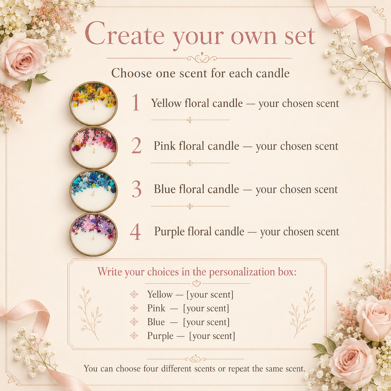 Instructions for selecting an individual scent for each candle in the floral candle gift set