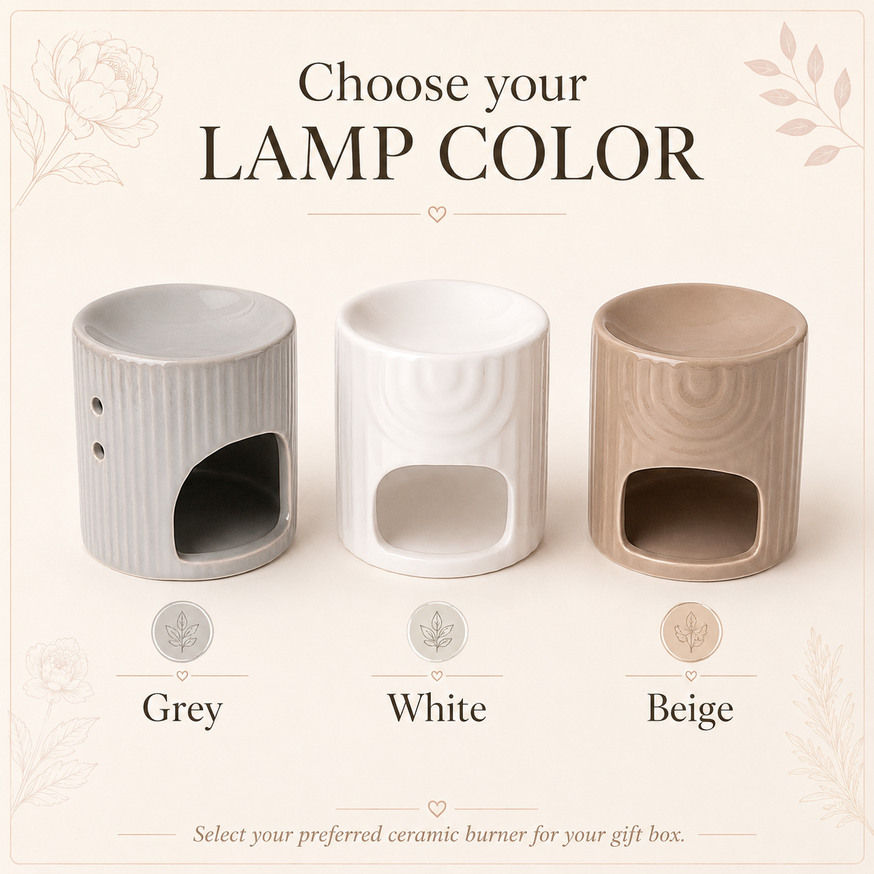 Ceramic wax melt burner gift box with lamp colour options in grey white and beige