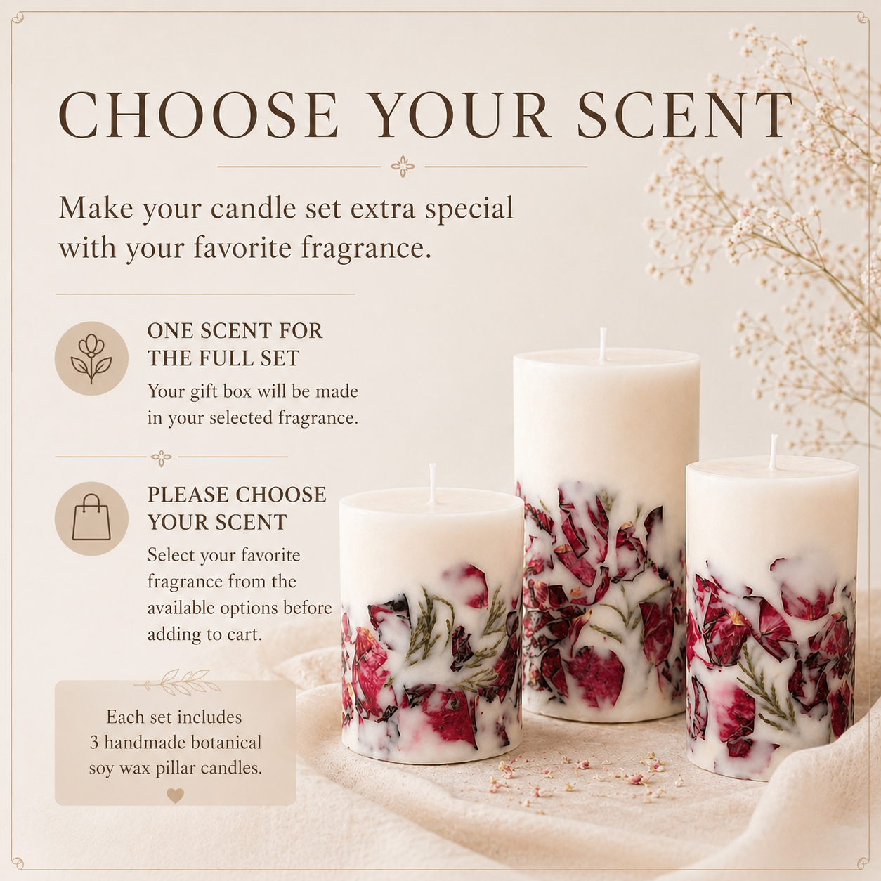Choose your scent information card for botanical candle gift box with three handmade soy wax pillar candles