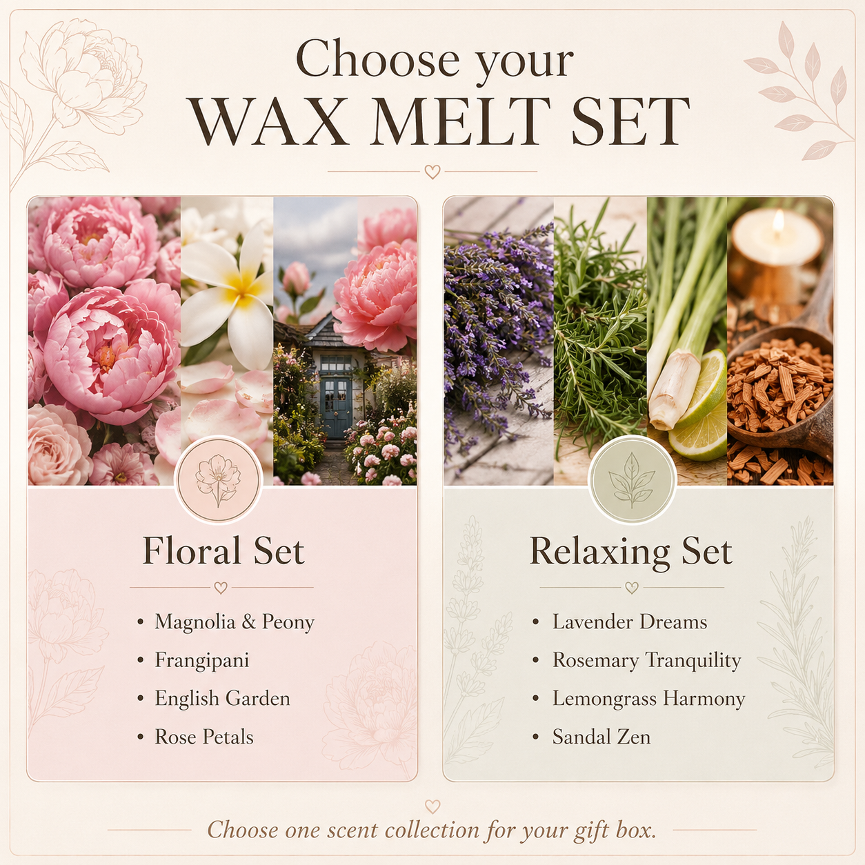 Wax melt gift box fragrance collection options with Floral Collection and Relaxing Collection
