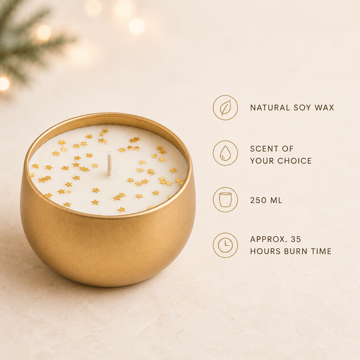 Christmas soy candle details showing natural soy wax, chosen scent, 250 ml and 35-hour burn time