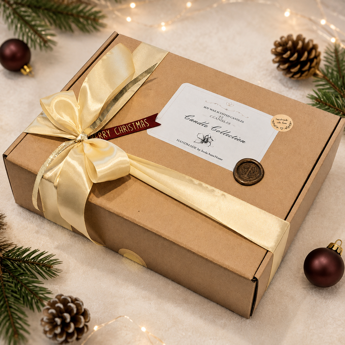 Christmas candle advent calendar in a kraft gift box with champagne-gold ribbon