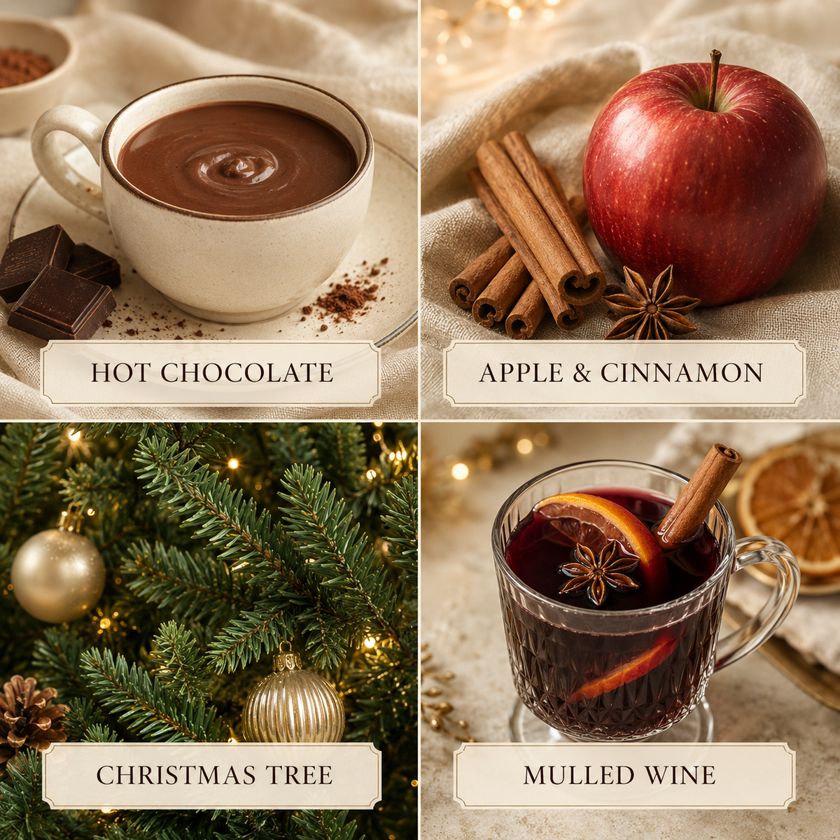 Festive candle fragrances inspired by hot chocolate, spiced apple, Christmas tree and mulled wine