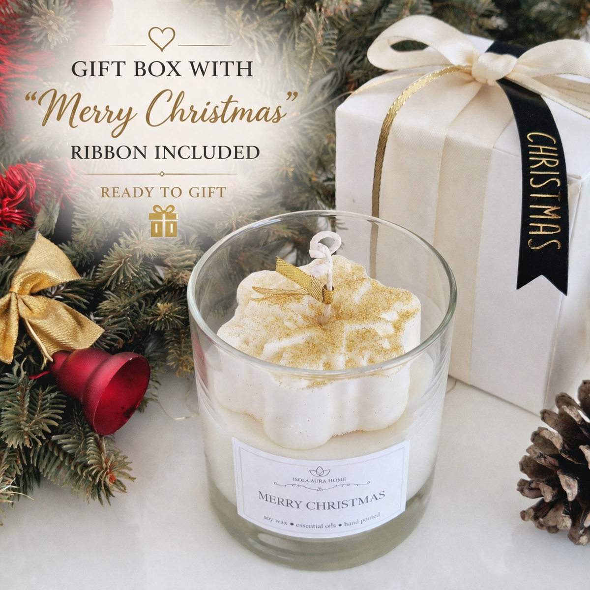 Christmas scented candle with white gift box and Merry Christmas ribbon included
