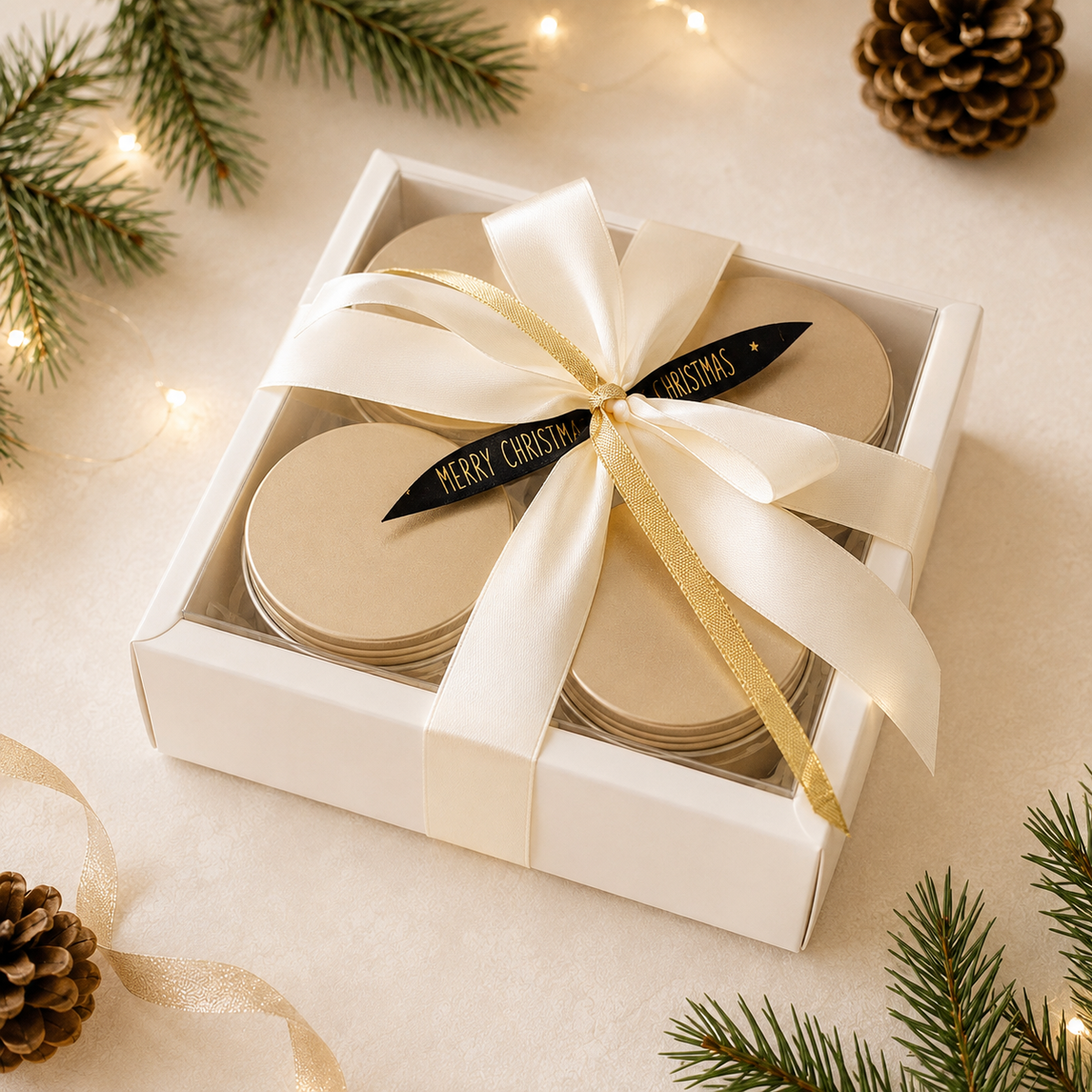 Christmas candle gift set wrapped with an ivory bow and gold ribbon