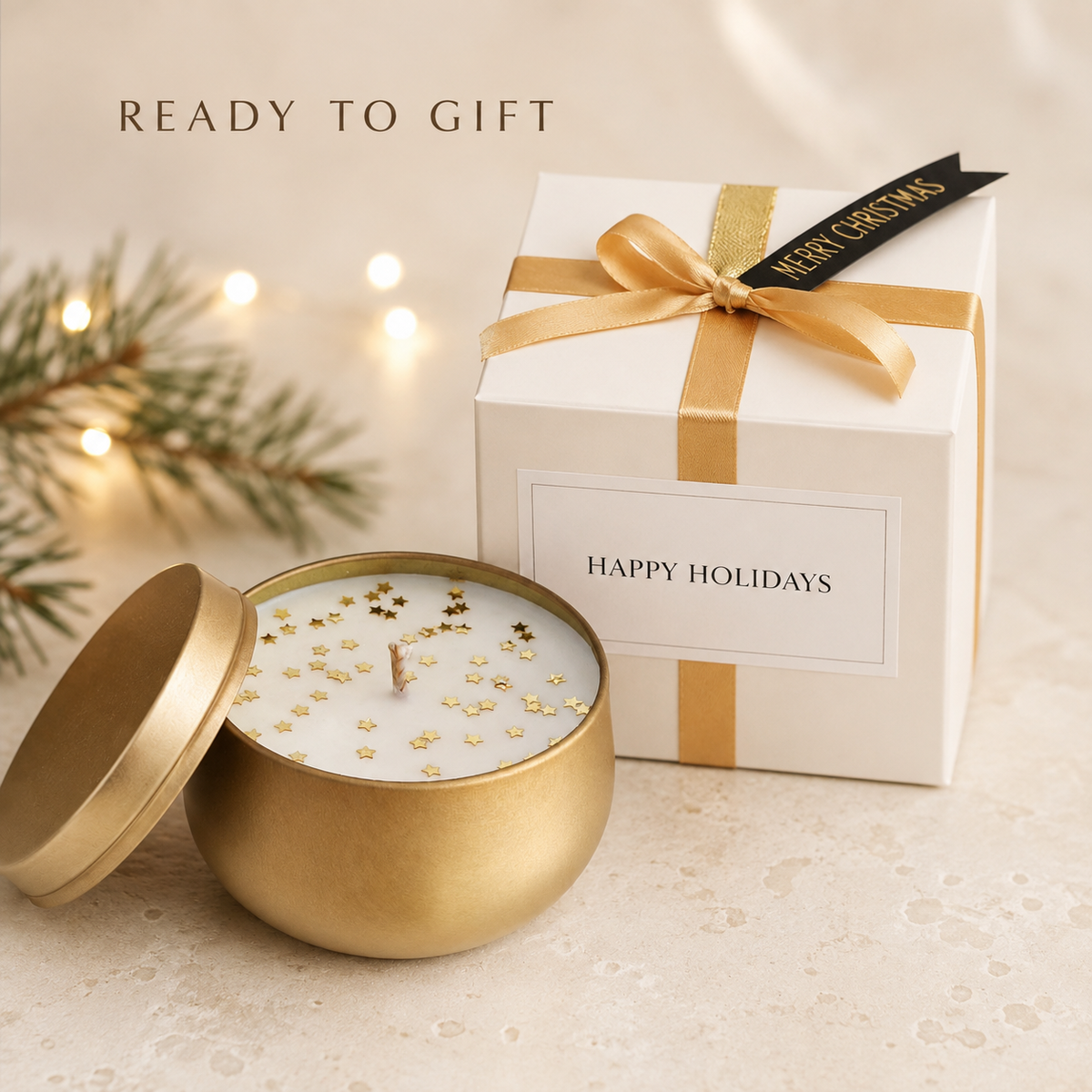 Christmas soy candle with white Happy Holidays gift box and gold ribbon, ready to gift