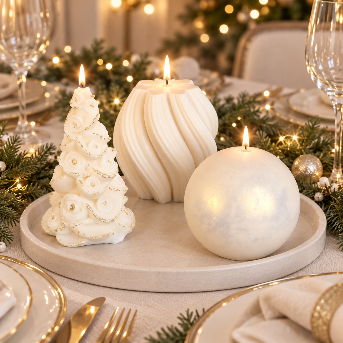 Lit decorative soy candles arranged as an elegant centrepiece on a festive Christmas table