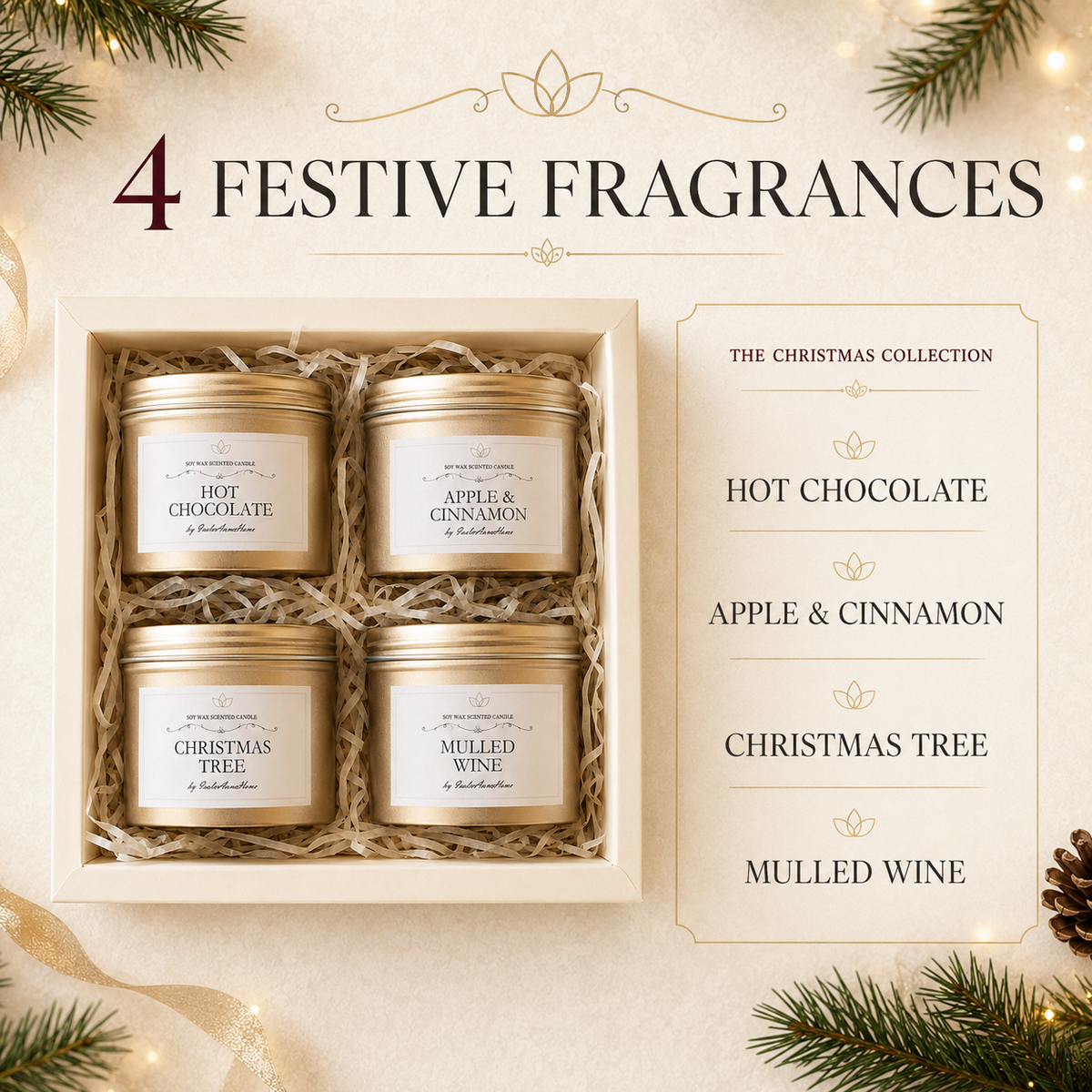 Christmas candle set with Hot Chocolate, Apple & Cinnamon, Christmas Tree and Mulled Wine scents