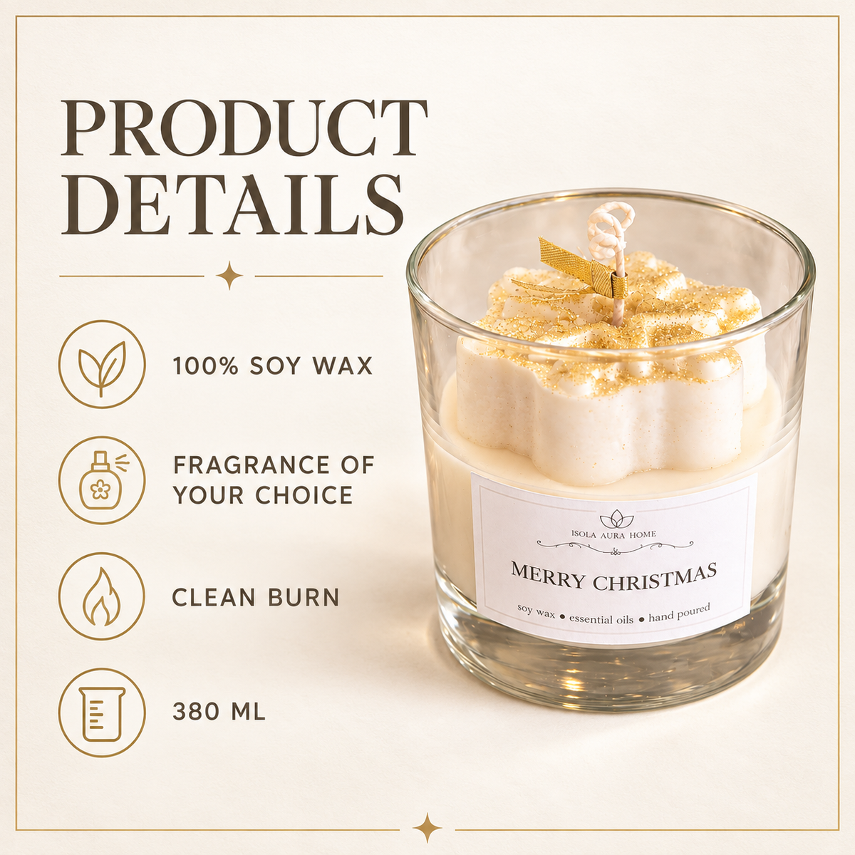 Product details for a 380 ml soy candle with fragrance choice and clean burn