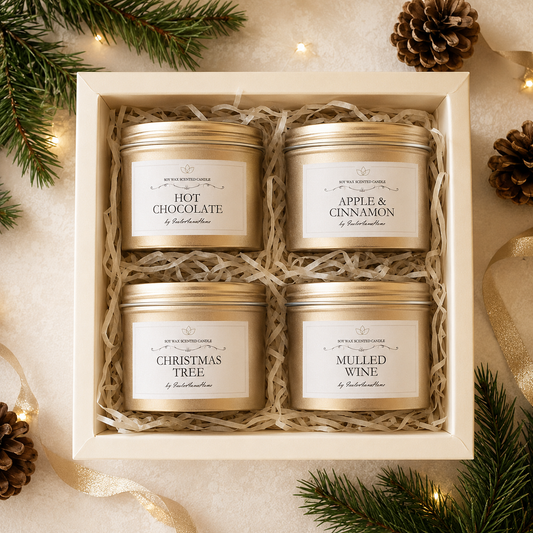 Christmas soy candle gift set with four festive scented candles in a gift box