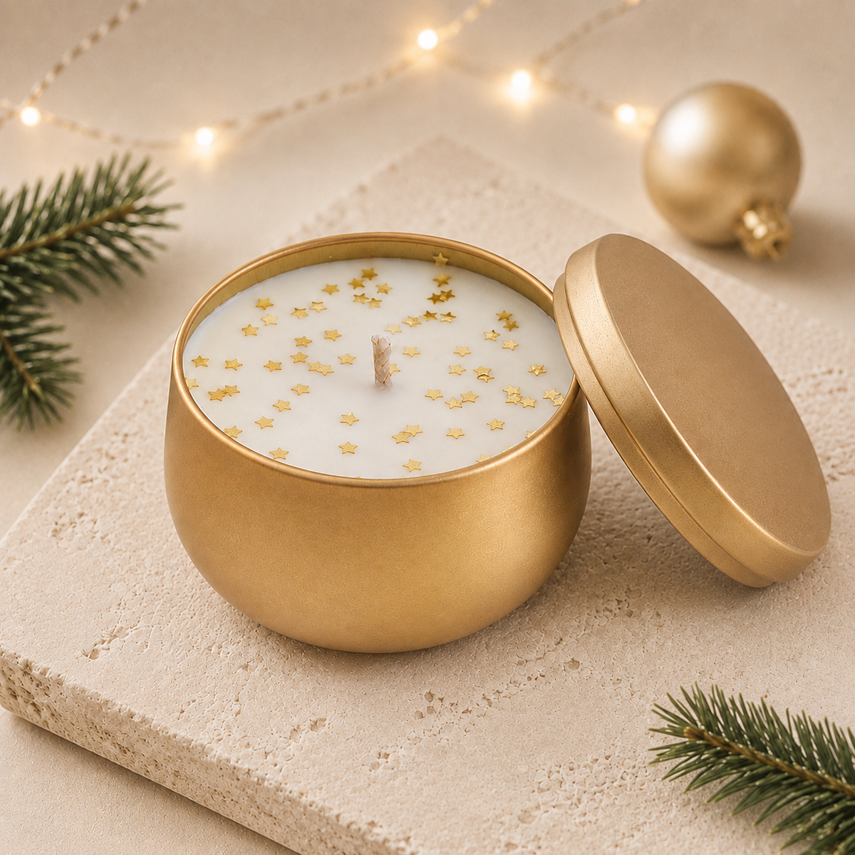 Gold Christmas soy candle with decorative stars and matching lid, handmade in Belgium