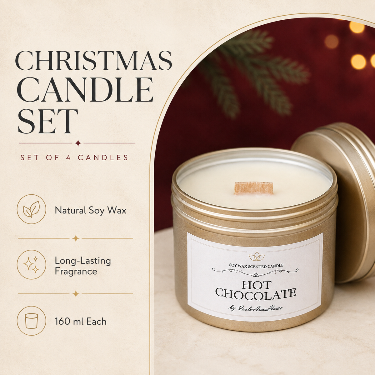 Natural soy Christmas candle set with long-lasting fragrance and four 160 ml candles