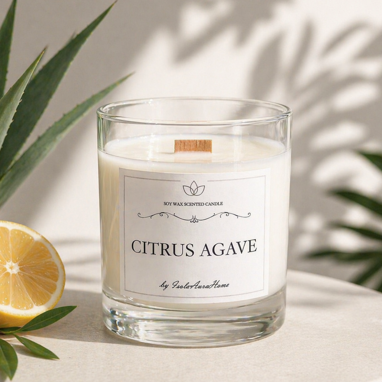 Citrus Agave scented soy wax candle in a glass jar with wooden wick, handmade by Isola Aura Home in Belgium