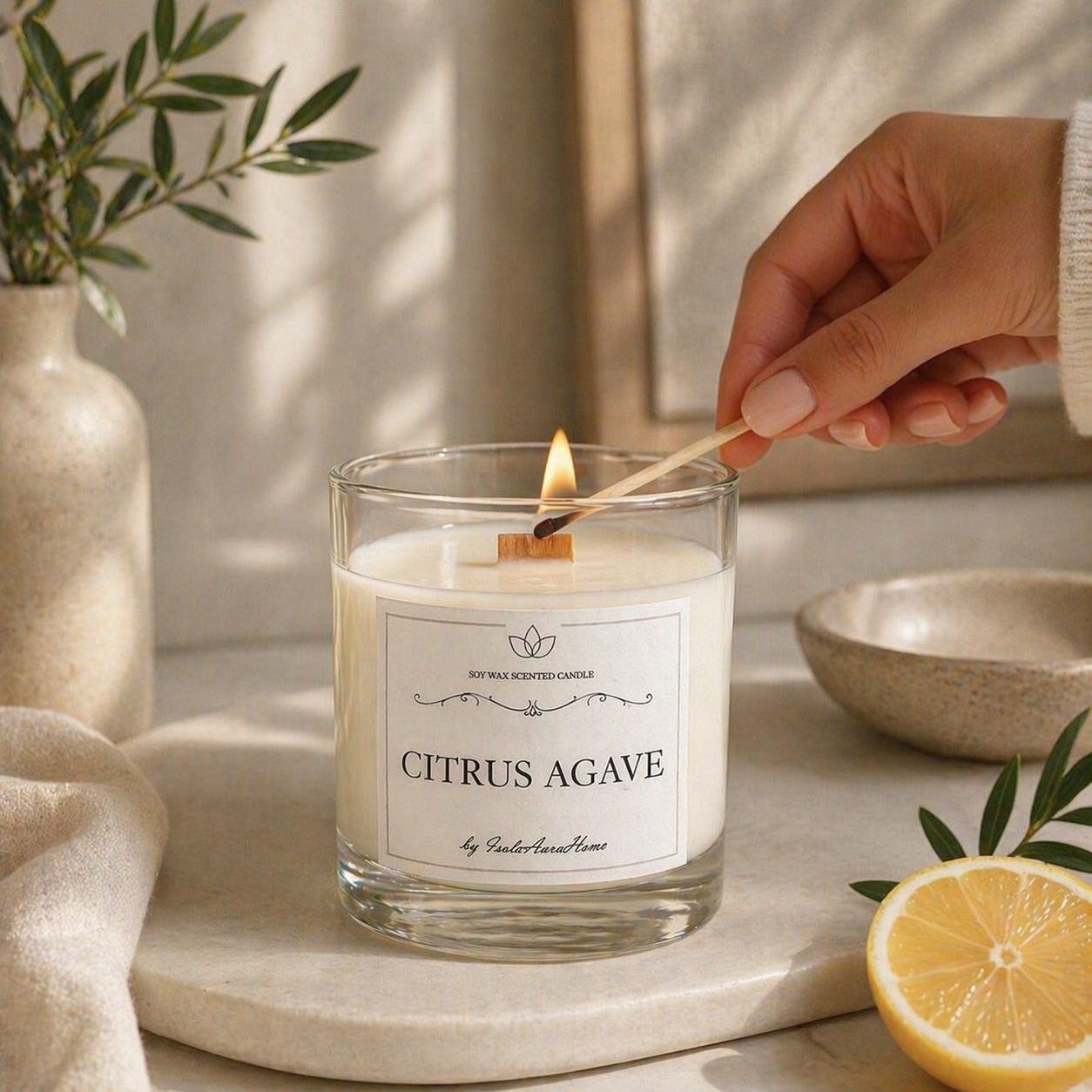 Citrus Agave soy wax candle in a glass jar being lit by hand, handmade by Isola Aura Home in Belgium
