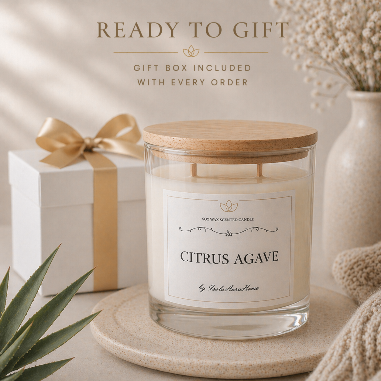 Citrus Agave soy wax candle in a glass jar with wooden lid and gift box, handmade by Isola Aura Home in Belgium