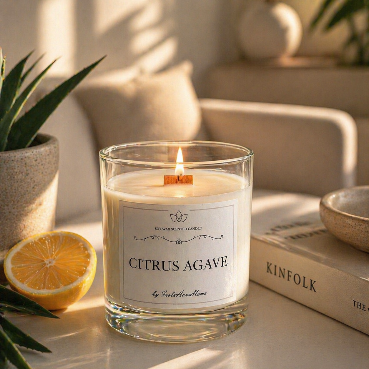 Citrus Agave soy wax candle in a glass jar burning in a cozy home setting, handmade by Isola Aura Home in Belgium