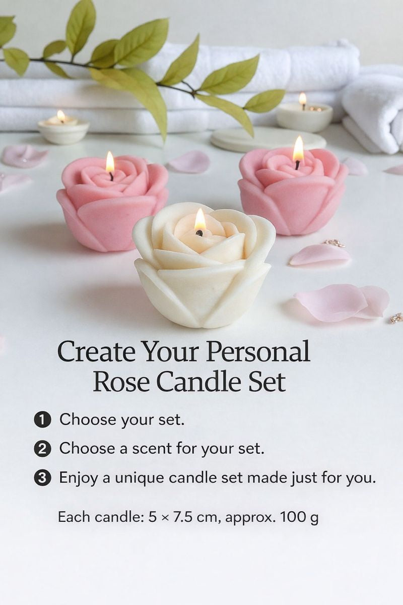 Rose candle gift box information card showing how to choose the candle colour set and scent, with size and weight details for each candle