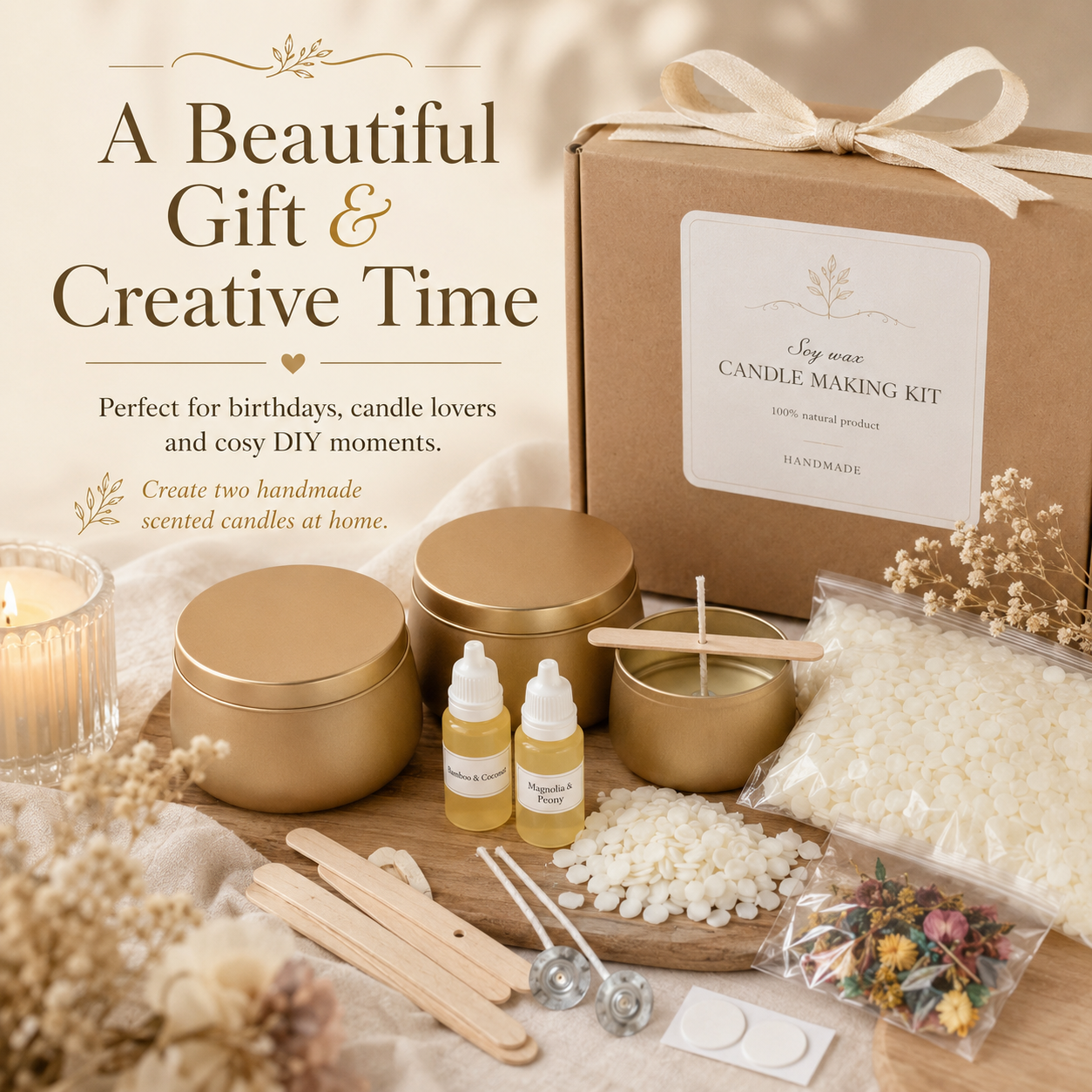 Gold tin candle making kit presented as a creative birthday gift and relaxing DIY activity for candle lovers