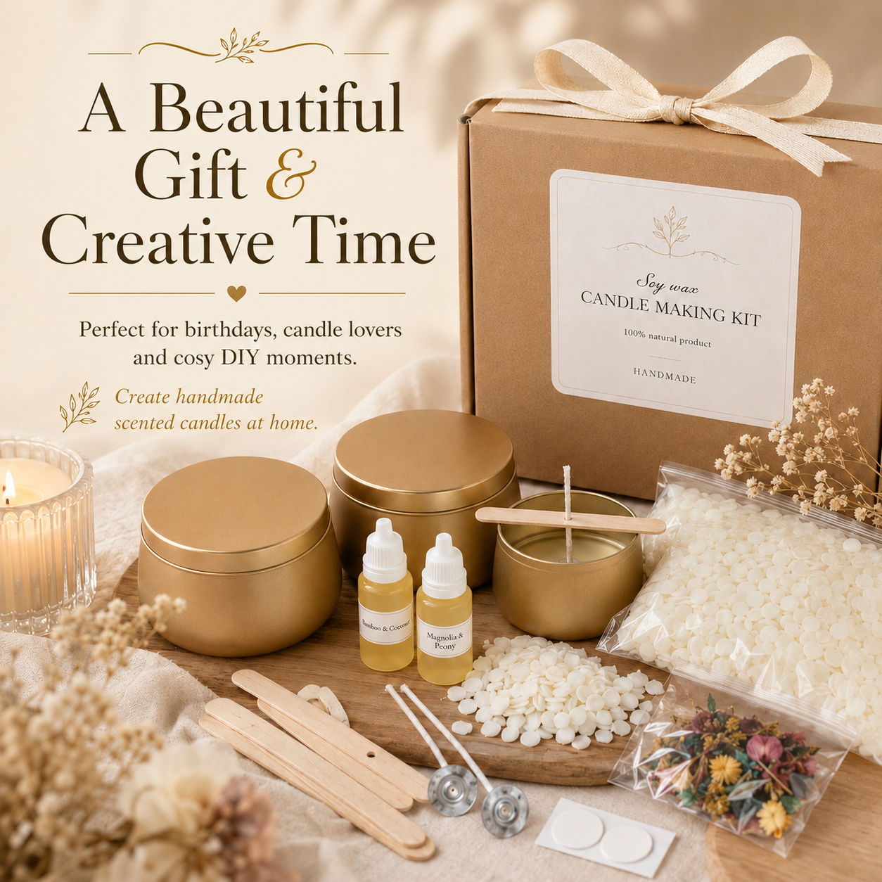Gold tin candle making kit for four candles presented as a creative birthday gift and relaxing DIY activity