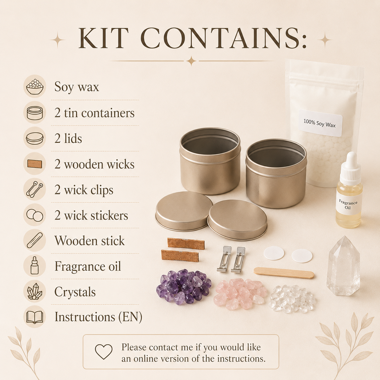 Kit contents for crystal soy wax candle making kit with gold tin containers, wooden wicks, fragrance oil and crystals