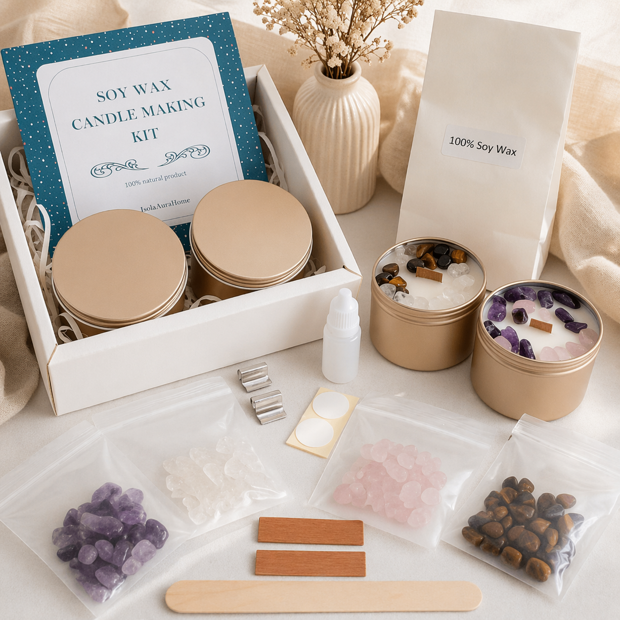 DIY crystal candle making kit supplies with soy wax, gold tin containers, wooden wicks, crystals and fragrance oil