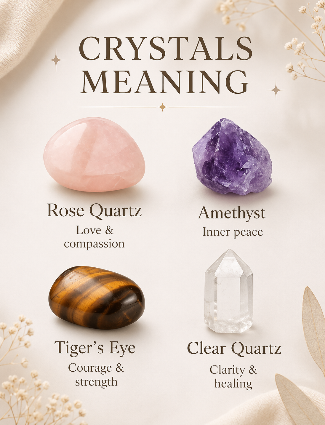 Crystal meanings for DIY crystal candle making kit with rose quartz, amethyst, tiger’s eye and clear quartz