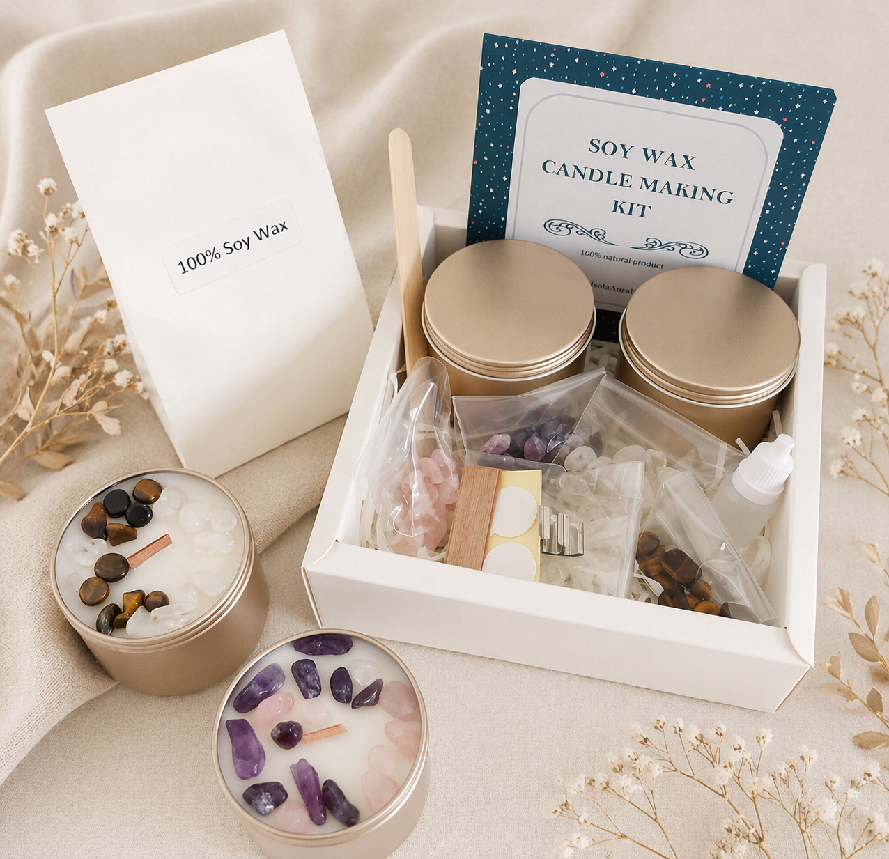 Gift-ready crystal soy wax candle making kit in a box with gold tins, wax, wooden wicks and crystal decorations