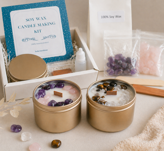 Crystal soy wax candle making kit set of 2 with gold tins, wooden wicks, crystals and fragrance oil by Isola Aura Home