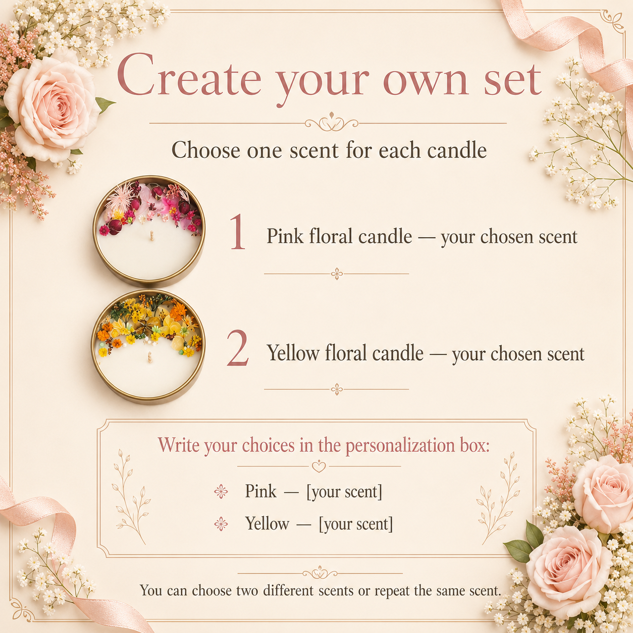Instructions for choosing one scent for each candle in the designer floral candle gift box set of 2