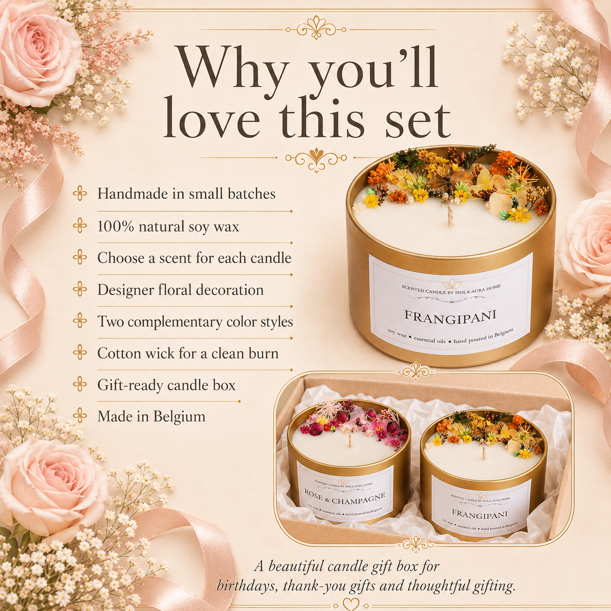 Features of the designer floral soy wax candle gift box set of 2 handmade by Isola Aura Home in Belgium