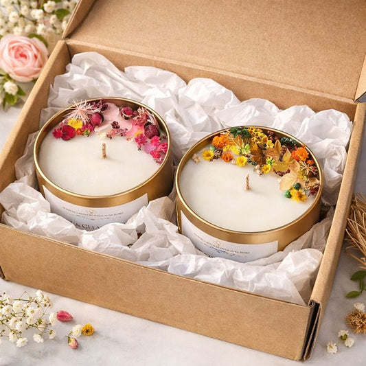 Designer floral candle gift box set of 2 with pink and yellow soy wax candles in a kraft gift box, handmade by Isola Aura Home in Belgium