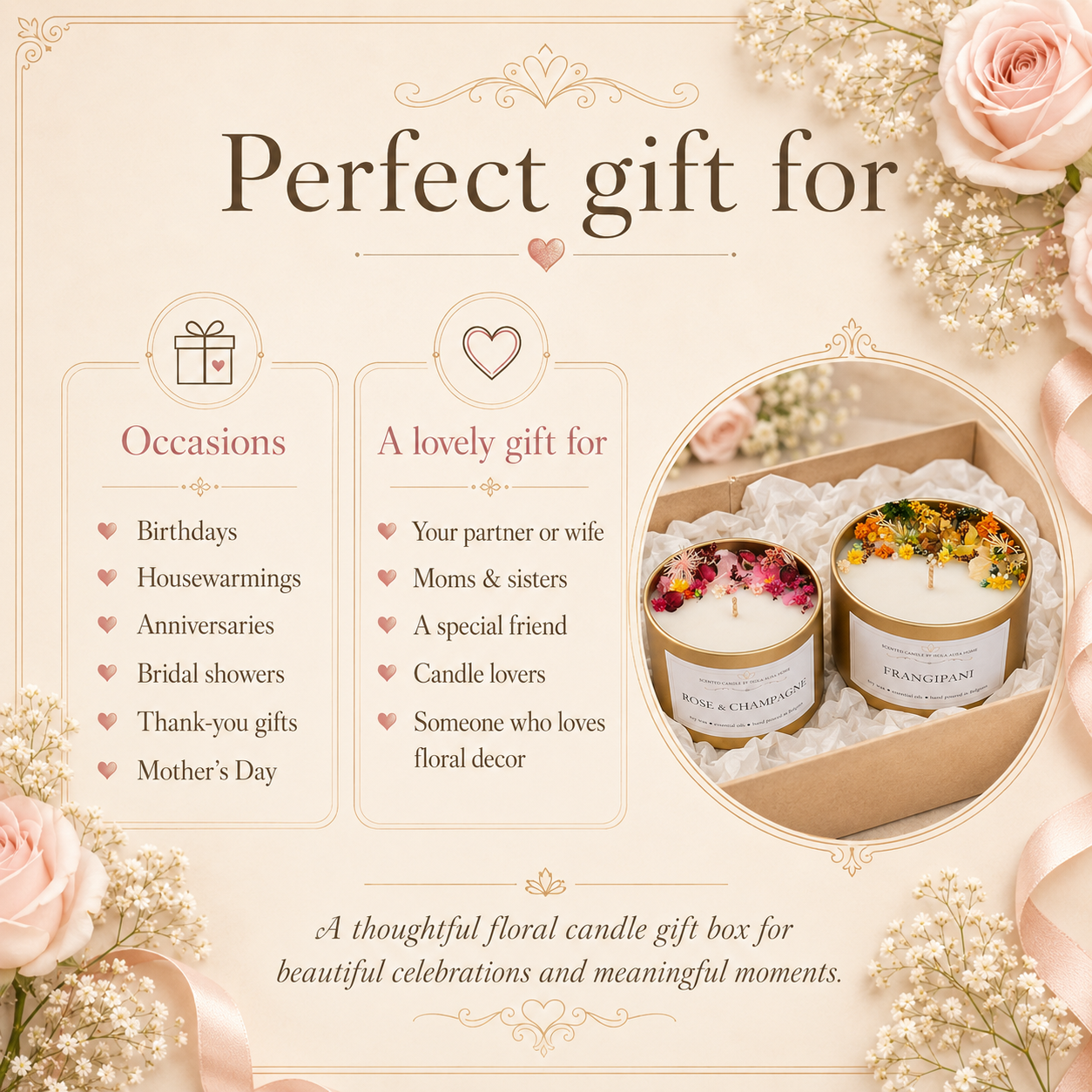 Designer floral candle gift box set of 2 for birthdays, housewarmings, bridal showers and thank-you gifts