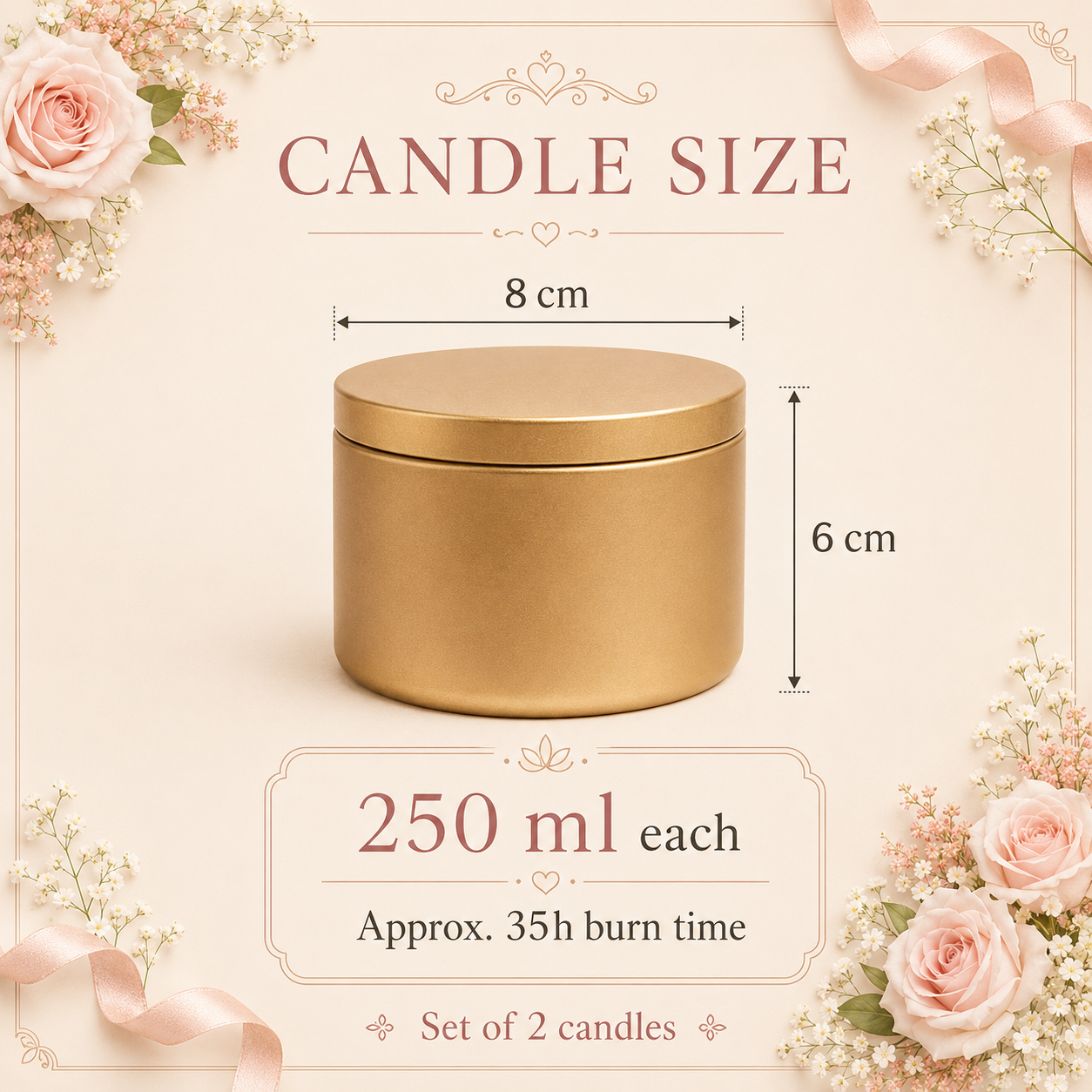 250 ml gold candle tin measuring 8 cm by 6 cm with approximately 35 hours burn time for the floral candle gift box set of 2